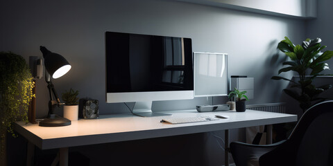 Computer on the desktop. Office interior. AI generated
