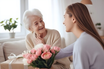 Fototapeta na wymiar Portrait of elderly mother and young adult daughter giving flowers to her mum. Generative AI