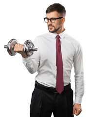 Naklejka premium Confident businessman with dumbbell isolated on white