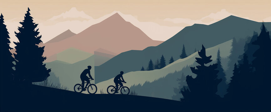 Cycling Background banner illustration. people riding bike in mountain scenery with copy space,  Created using generative AI tools.