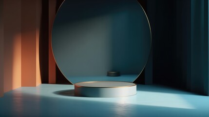 Minimal round podium for product demonstration on a blue background. AI generated