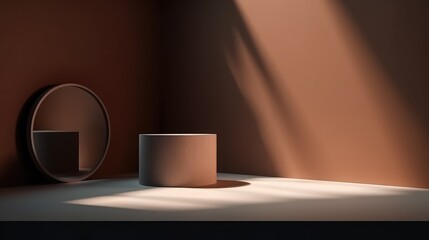 Minimal round podium for product demonstration on a brown background. AI generated