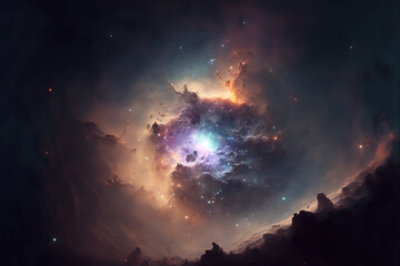 Obraz na płótnie Canvas Glowing nebula with stars. Fantasy galaxy generative AI background