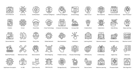 Machine Learning Thin Line Icons Artificial Intelligence Icon Set in Outline Style 50 Vector Icons in Black