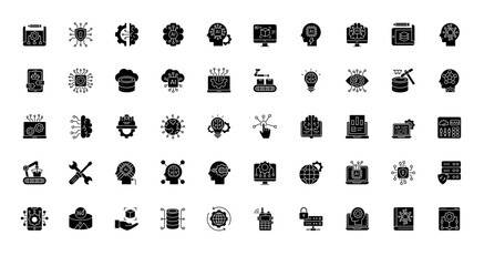 Machine Learning Glyph Icons Artificial Intelligence Icon Set in Glyph Style 50 Vector Icons in Black
