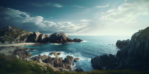 Obraz premium Rocks by the sea. Coastline landscape and seascape with dramatic cliffs. Beauty of nature concept background. Breathtaking summer seascape. Background. Generative AI