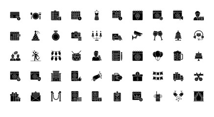 Fototapeta na wymiar Event Management Glyph Icons VIP Festival Icon Set in Glyph Style 50 Vector Icons in Black