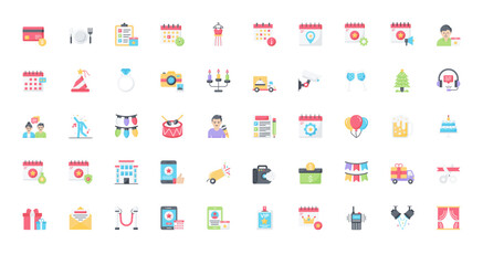 Naklejka premium Event Management Flat Icons VIP Festival Icon Set in Color Style 50 Vector Icons