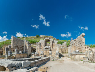 Aqueduct in the ancient city of Perge. Ruins of the city of Perge in Turkey.