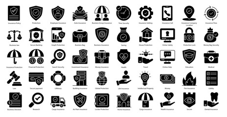 Insurance Glyph Icons Protection Business Health Icon Set in Glyph Style 50 Vector Icons in Black
