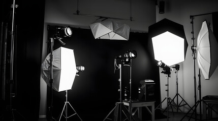 close uo of Fully equipped studio, lighting equipment, black and white tones, black and white tones.