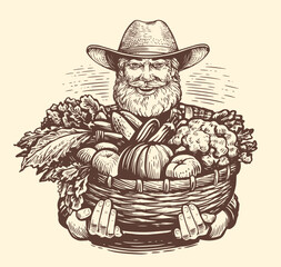 Elderly farmer with freshly picked vegetables in basket. Fresh organic farm food. Sketch vector illustration