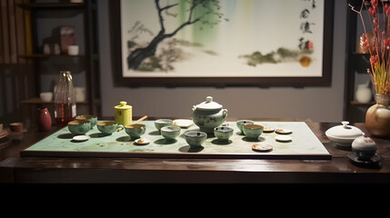 Design scene: tea table, Chinese painting, green plants, traditional culture, female tea tasting.