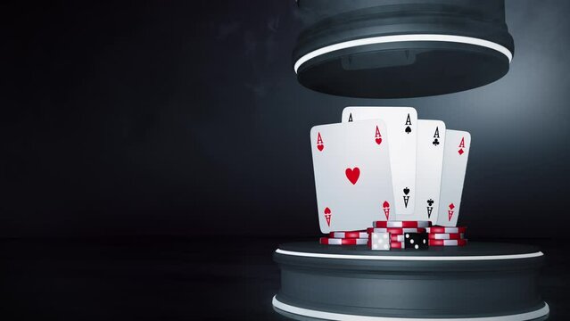Casino games, 3D motion graphics, dark neon concept. Playing cards, poker chips, dices, a bet background template video loop, with copy space