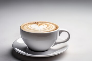 Cup of coffee with latte art heart shape, valentine with coffee isolated white background. Generative AI