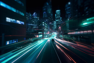 Fototapeta na wymiar Speed Motion Blur Effect And Racing Circuit Illuminated By Neon Light In The Futuristic City, Made Using Generative Ai