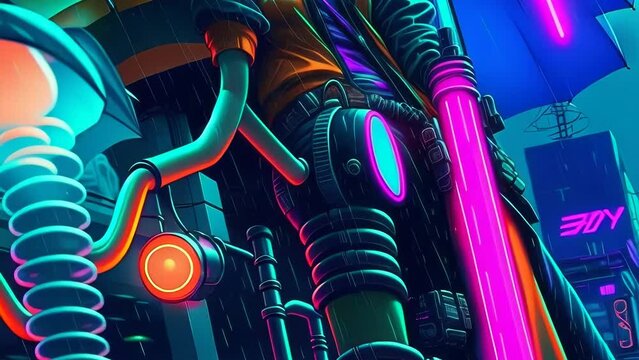 Rainy Cyberpunk Cityscape. High Tech Anime City Zooming on a Beat. Glowing Vehicles, Neon Lit Umbrellas, Mysterious Woman, Wet Streets. Fantasy / Science Fiction / Anime Style Animated Background.