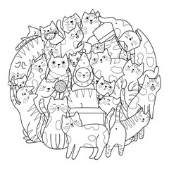 Funny doodle cats circle shape coloring page. Cute mandala with funny feline animals for coloring book. Outline background. Vector illustration