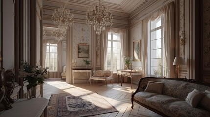 Vintage baroque style mansion living room with luxury furniture and crystal chandeliers from the old times, generative ai interior idea