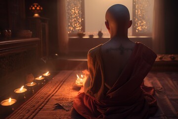 Meditation with Flames: A Monk's Back Views in Lotus Pose, Generative AI