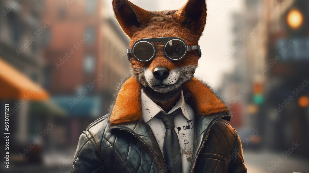 Poster red fox portrait, an antropomorphic fox in a suit, generative ai