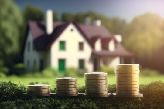 Stacks of coins, house in the background, photo of investment and financial freedom - generative ai