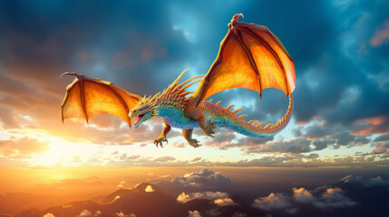 Majestatic gold dragon on a blue sky with clouds, flying gold dragon, generative ai