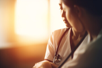 Picture of a doctor or nurse comforting a patient, World health day, bokeh Generative AI