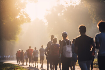 Picture of a group of people participating in a charity walk or run, World health day, bokeh Generative AI - Powered by Adobe