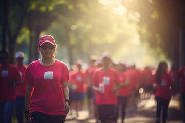 Picture of a group of people participating in a charity walk or run, World health day, bokeh Generative AI