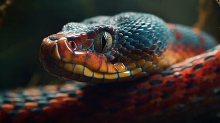 Fototapeta premium Red and blue snake portrait in dark, generative ai