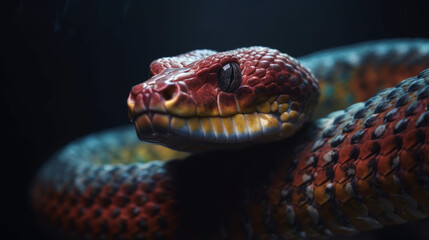 Fototapeta premium Red and blue snake portrait in dark, generative ai