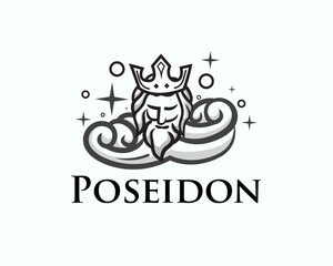Poseidon head with crown on wave logo template illustration inspiration