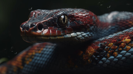 Fototapeta premium Red and blue snake portrait in dark, generative ai