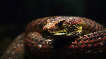 Fototapeta premium Red and blue snake portrait in dark, generative ai