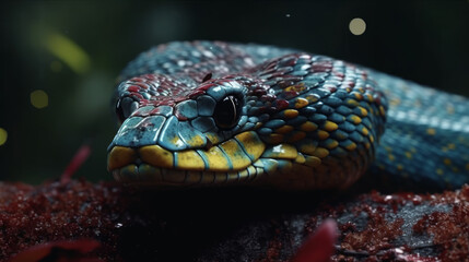 Fototapeta premium Red and blue snake portrait in dark, generative ai