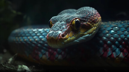 Fototapeta premium Red and blue snake portrait in dark, generative ai