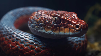 Obraz premium Red and blue snake portrait in dark, generative ai