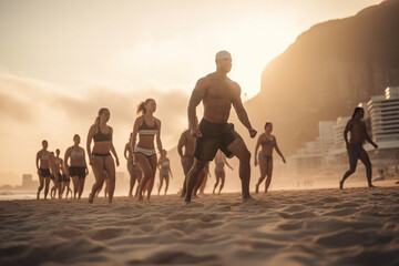 Picture of a group of people doing a beach workout, World health day, bokeh Generative AI