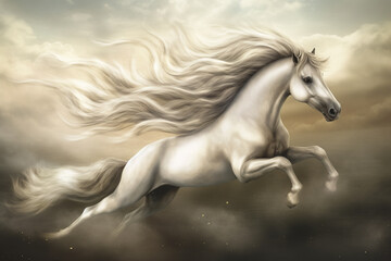 Naklejka na ściany i meble White Horse flying through the air with long mane and tail Generative AI