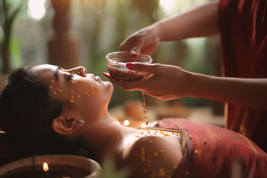 Picture of a person receiving an ayurvedic treatment, World health day, bokeh Generative AI