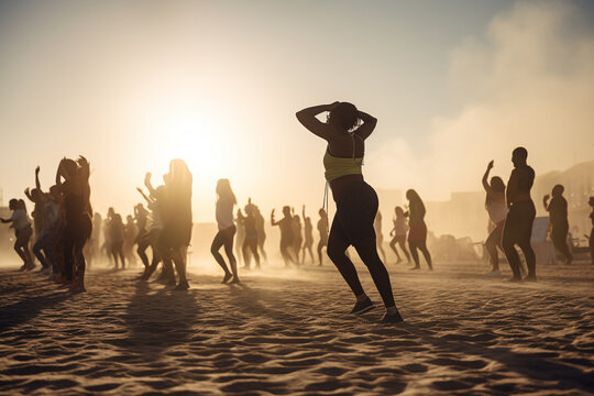Picture of a group of people doing a beach workout, World health day, bokeh Generative AI