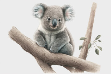 Baby koala bear in a tree isolated on a white background Generative AI