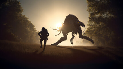 creature in the field at sunset, hunter fighting an creature in sun backdrop, generative ai
