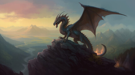 dragon in the night, mystical dragon perched on a rocky terrain with valley behind him, generative ai