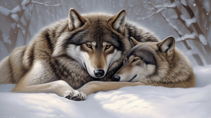 Fototapeta premium region wolf canis lupus arctos, a pair of wolves snuggling in the snow, generative ai