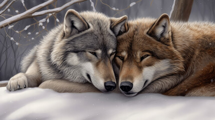 Obraz premium region wolf canis lupus arctos, a pair of wolves snuggling in the snow, generative ai
