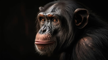 A portrait of a chimpanzee on a dark background, generative ai