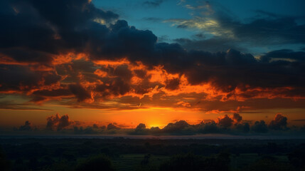 Obraz premium fire in the clouds, orange clouds in a vibrant blue sky, generative ai