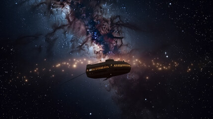 a vast galaxy with thousands of stars and planets with ferry ship, generative ai